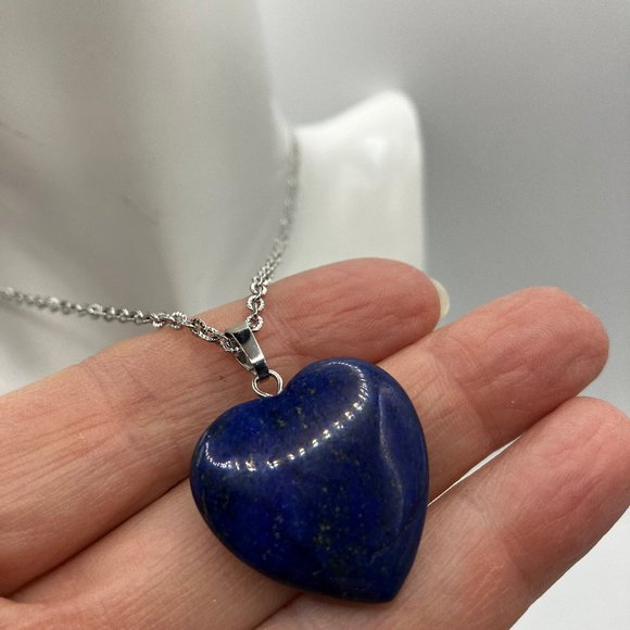 Genuine Lapis Lazuli Gemstone HEART Pendant 18 inch Stainless Steel Chain - Picture 10 of 16